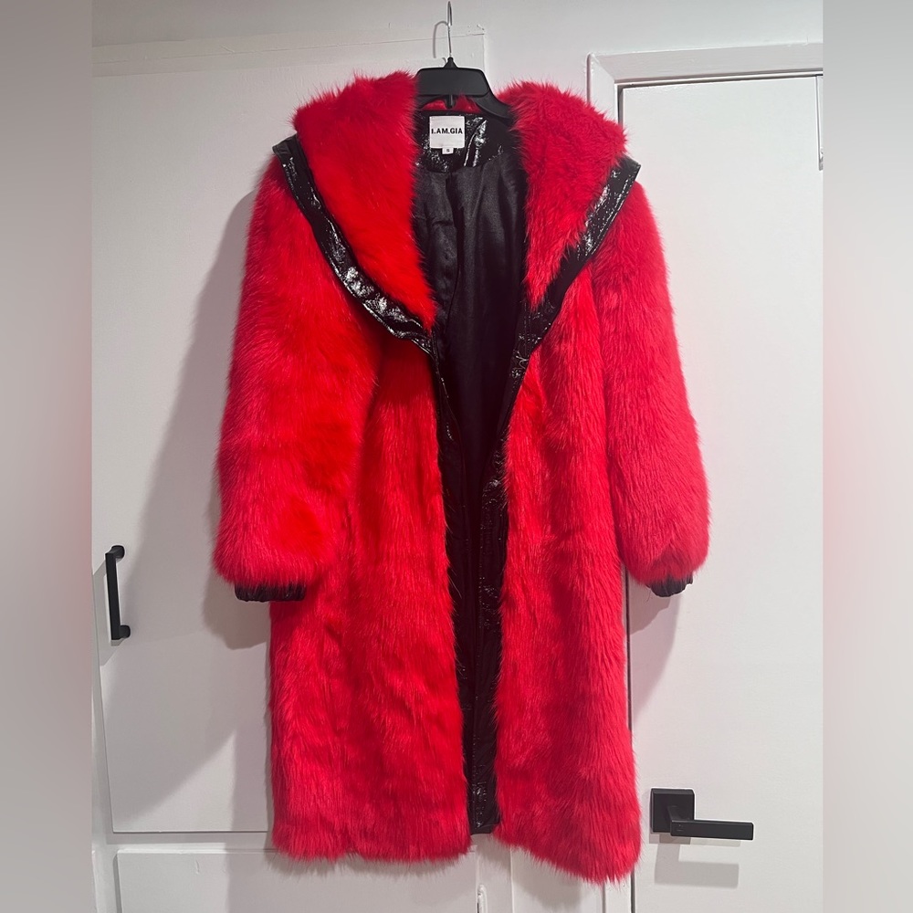 I.AM.GIA Red Faux Fur Coat with Black Trim - Picture 4 of 4